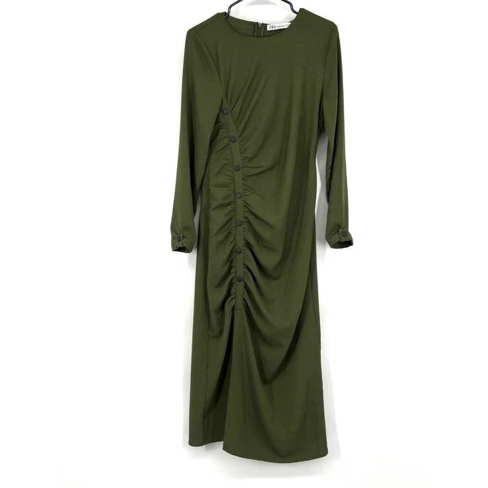 Zara Dress Green Button Front Crepe Long Sleeve Draped Midi - Picture 2 of 11